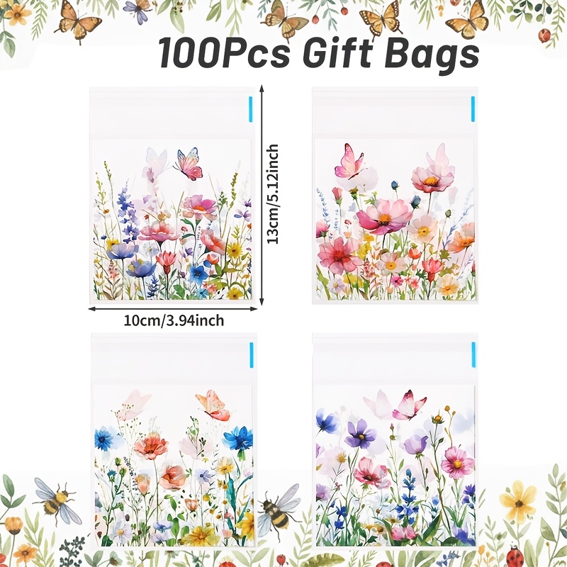TEMU 50/100pcs, Watercolor Self Sealing Bags, Colorful Flowers Gift Bags, Happy Birthday Party Decoration, Wedding Bridal Shower Party Decor, Baby