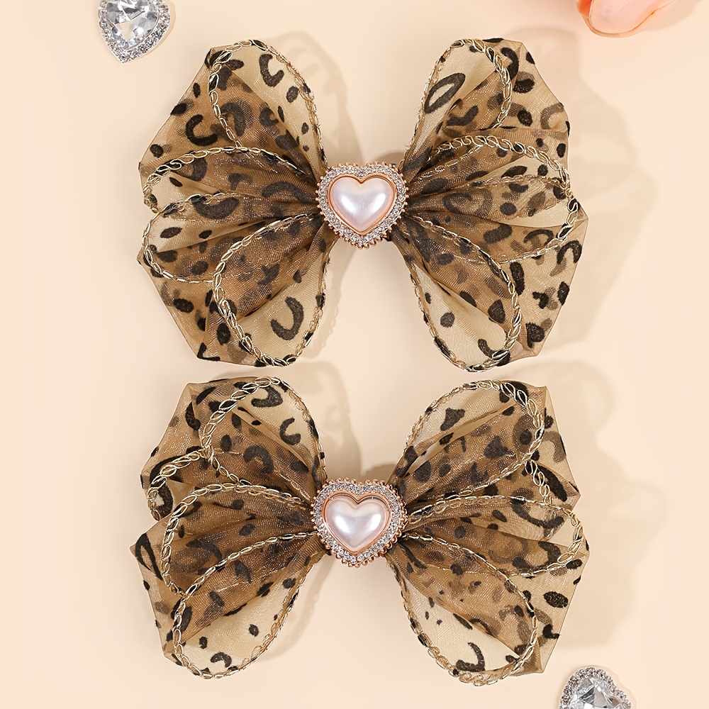 TEMU 2pcs Leopard Print Bow Hair Clips Heart Rhinestone Mesh Bow Hair Clips For Women Daily Wear Party Fashion Hair Additions Spring Outdoor Events
