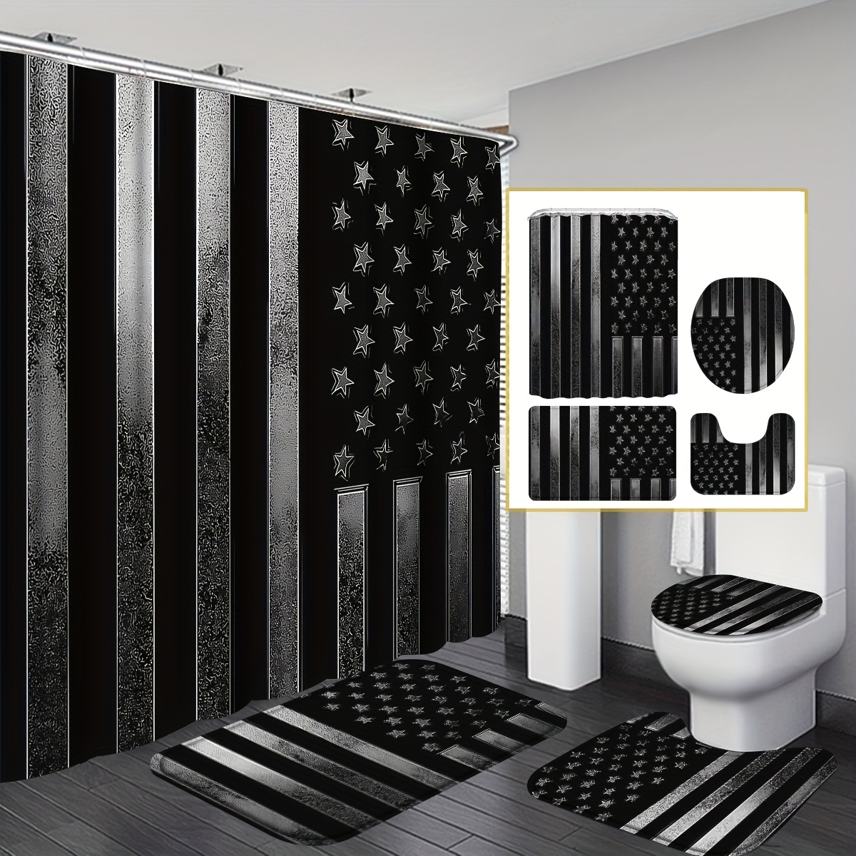 TEMU 2d Flat, 4pcs 2d Flat Black & Gray Style Shower Curtain Set, Fashion Metallic Feel Bathroom Curtain Set With 12 Hooks Non-slip Bathroom Rug,