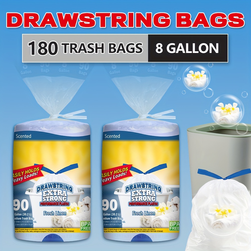 

180 Bags 8 Gallon Aroma Drawstring Plastic Disposable Garbage Bags-super Strong, Leak-resistant, Odor-proof For Bedroom, Kitchen, Living Room, Outdoor, And Toilet Use - And Sanitary Waste Solution