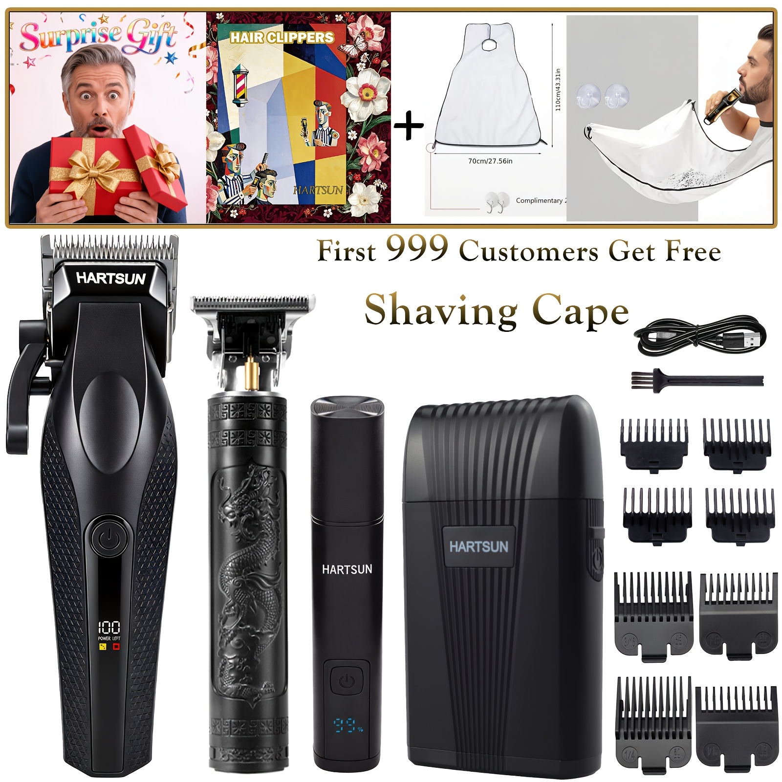 TEMU Nouveau design Article Noir 1/2/3/4 pièces HARTSUN Kit de coupe de cheveux professionnel pour homme, tondeuse à cheveux à chargement USB avec