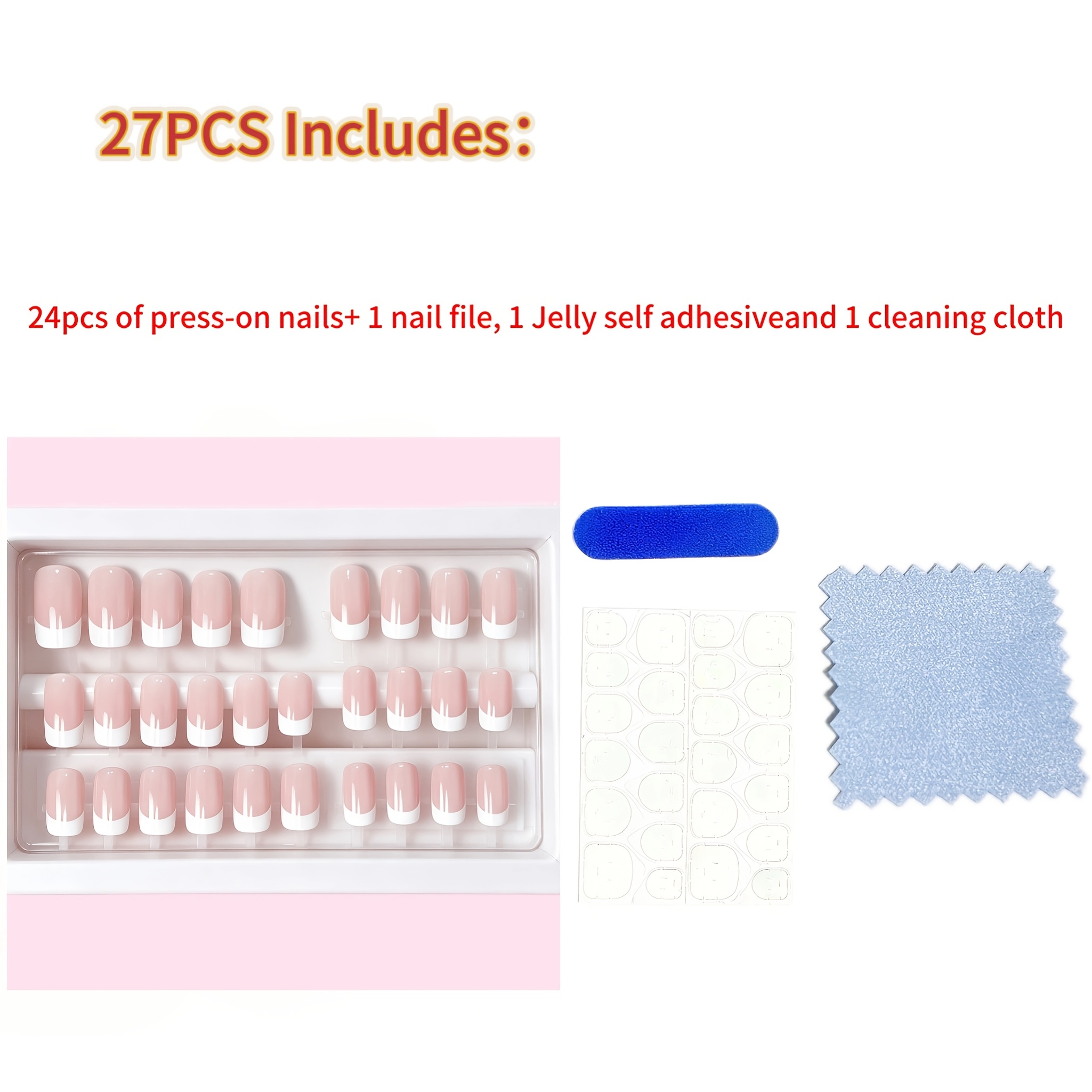 TEMU Set da 27 pezzi contenente 24 punte per unghie, 1 lima per unghie, 1 foglio di linguette autoadesive in gelatina e 1 per la pulizia, adesivi per