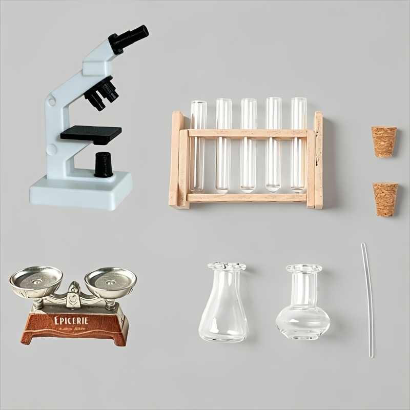 TEMU 13 Sets de Modelos de Microscopio de Simulación a Micro-, 1/12 Adornos de Escena de Laboratorio de Casa de Muñecas, Juego Completo de Vehículos