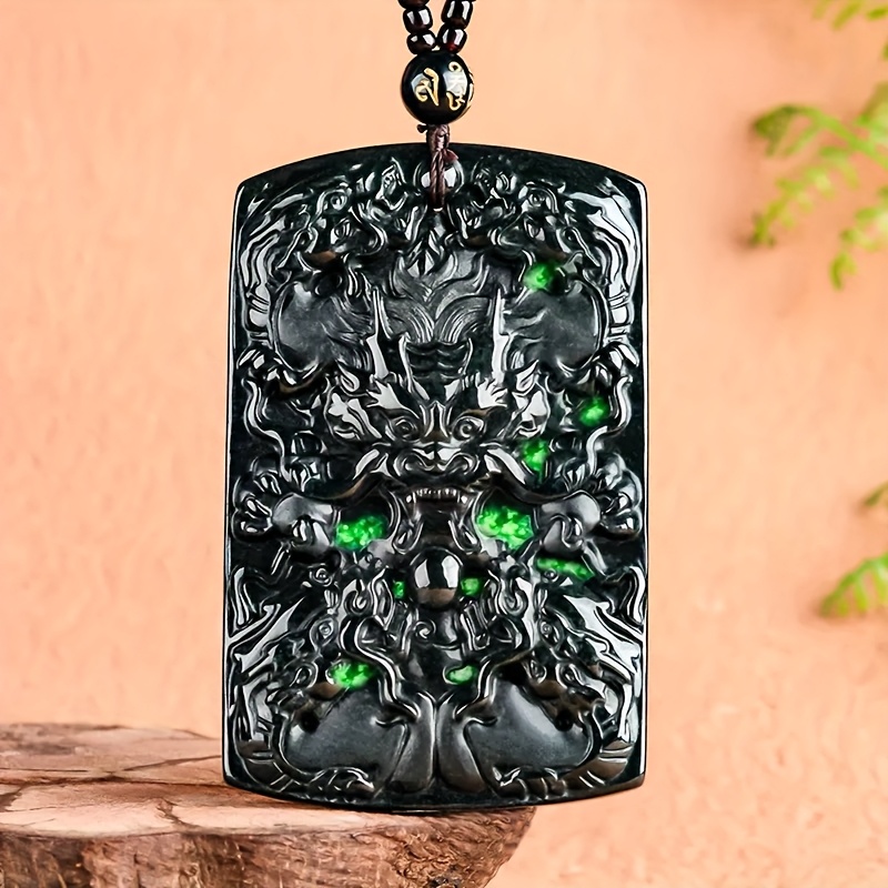 Natural Dark Green Five Dragons Blessing Pendant Necklace