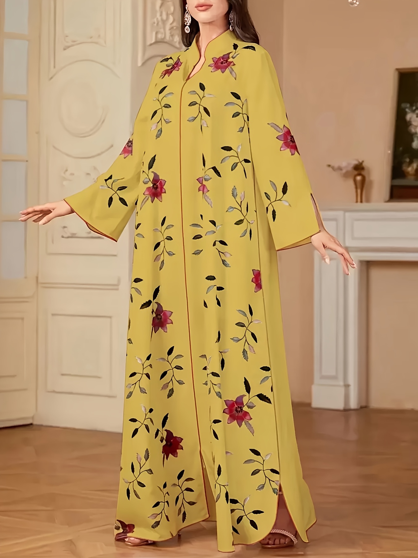 Women's Elegant Floral Print V-Neck Long Sleeve Abaya Dress - Loose Fit  A-Line Islamic Dress for Ramadan Eid * Machine Washable * Modest Muslim  Apparel, Special Occasion Wear, Religious Event Attire, ...