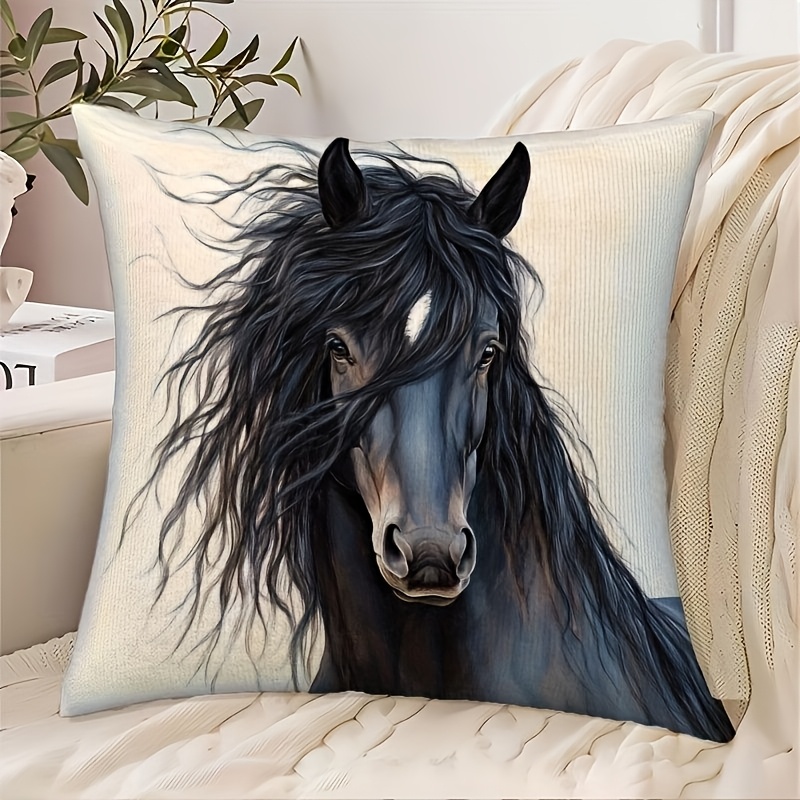 TEMU 1pc 18x18 Inch Polyester Short Plush Decorative Pillow Cover - Featuring A Black Horse With Flowing Mane, Single-sided Print, Modern Machine