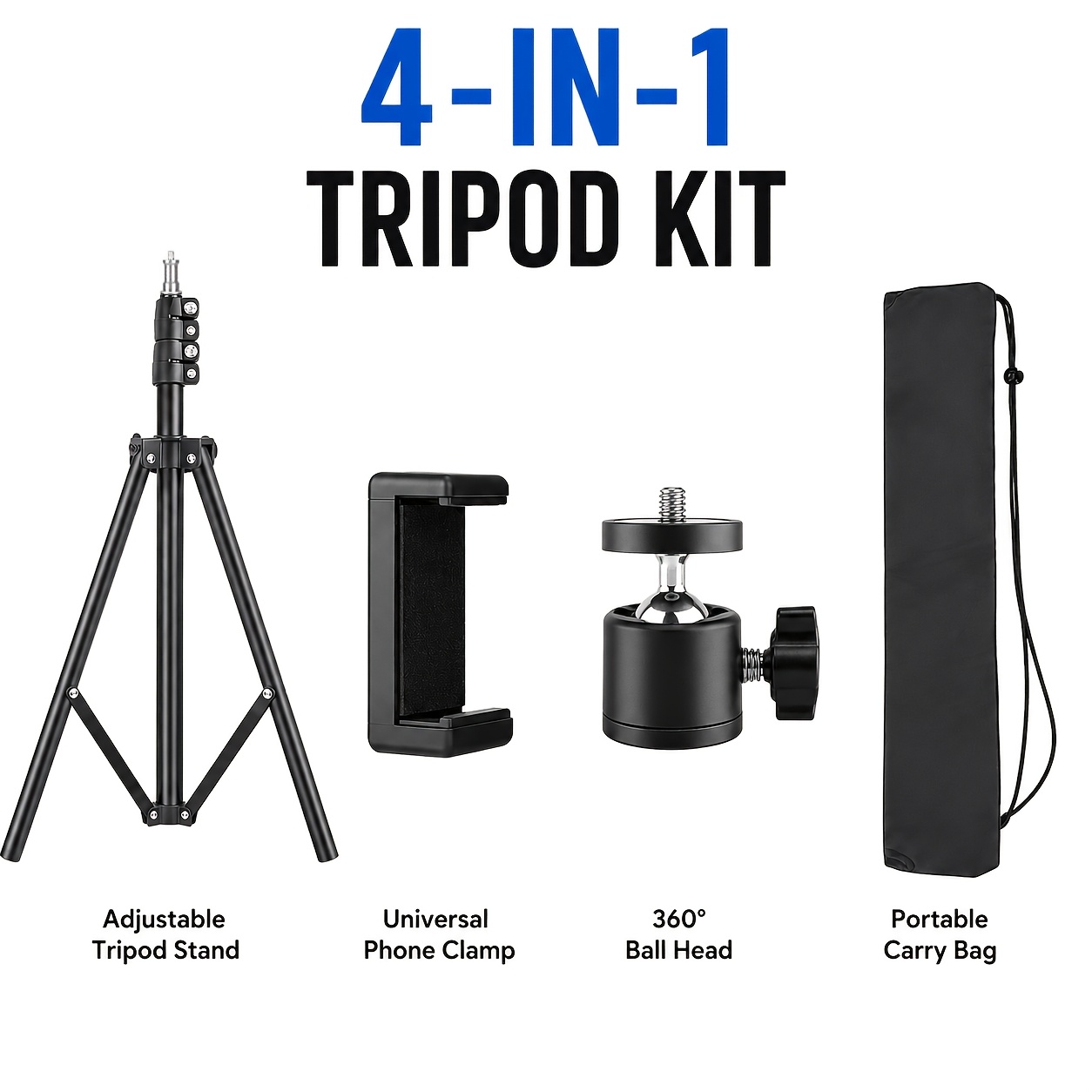 TEMU 4-in-1 Adjustable Retractable Floor Tripod Kit, Equipped With Ball Head & Retractable Phone Clamp, Lightweight Portable Stand With Carry Bag,