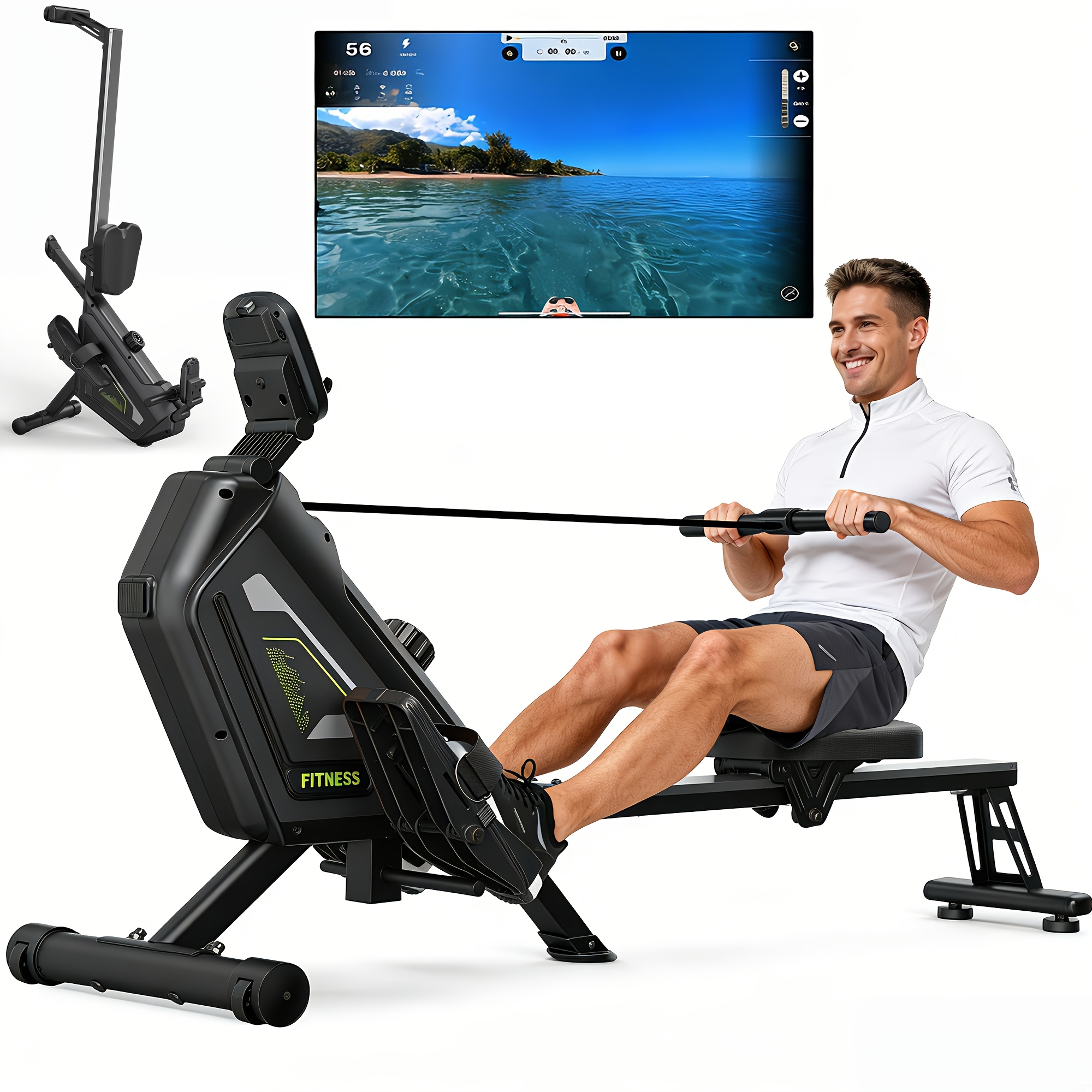 Vowvit Rowing Machine For Home Gym Foldable, 300 Newton 16 Levels Magnetic Resistance Rowing Machine - Bluetooth Rowing Machine With 160kg Weight Capacity