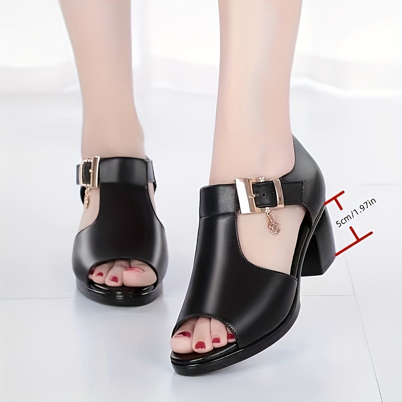 Alternative view of Elegantes Zapatos de Mujer Negros con Cubierta Falsa, Hebillas Doradas y Diseño de Corte Abierto - Tacón Grueso…