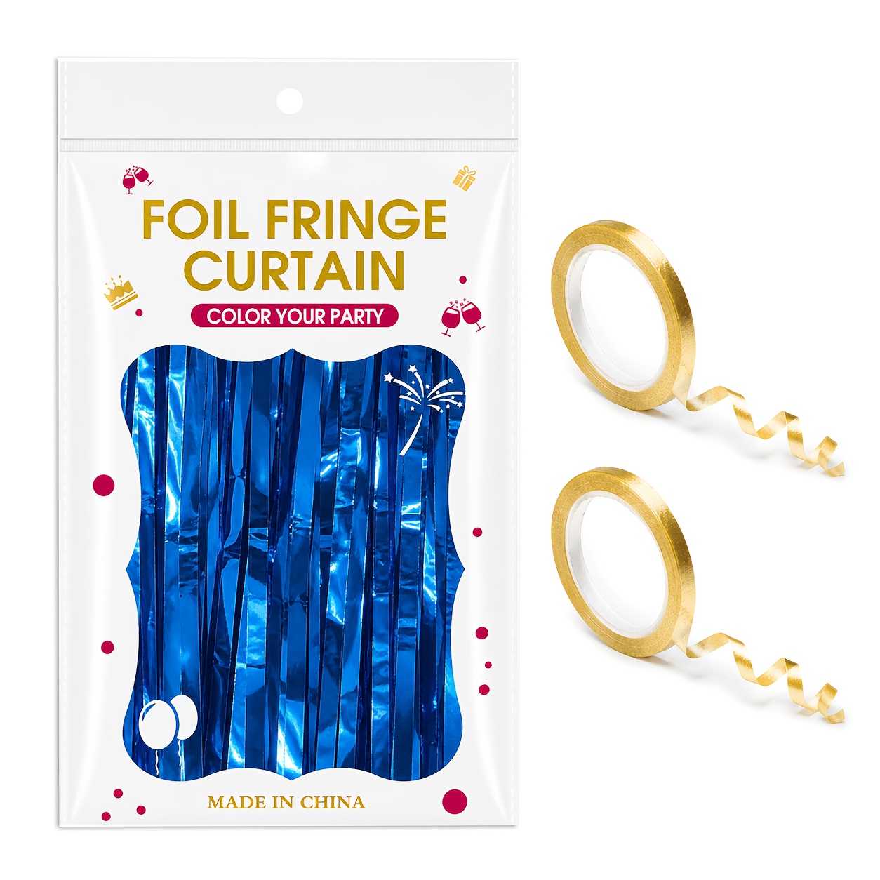 TEMU Blue Metallic Fringe Streamer 1pc With Curling Ribbon 2pcs Shimmering Foil Tinsel Backdrop Decoration For Birthday Parties Party Entrances Photo