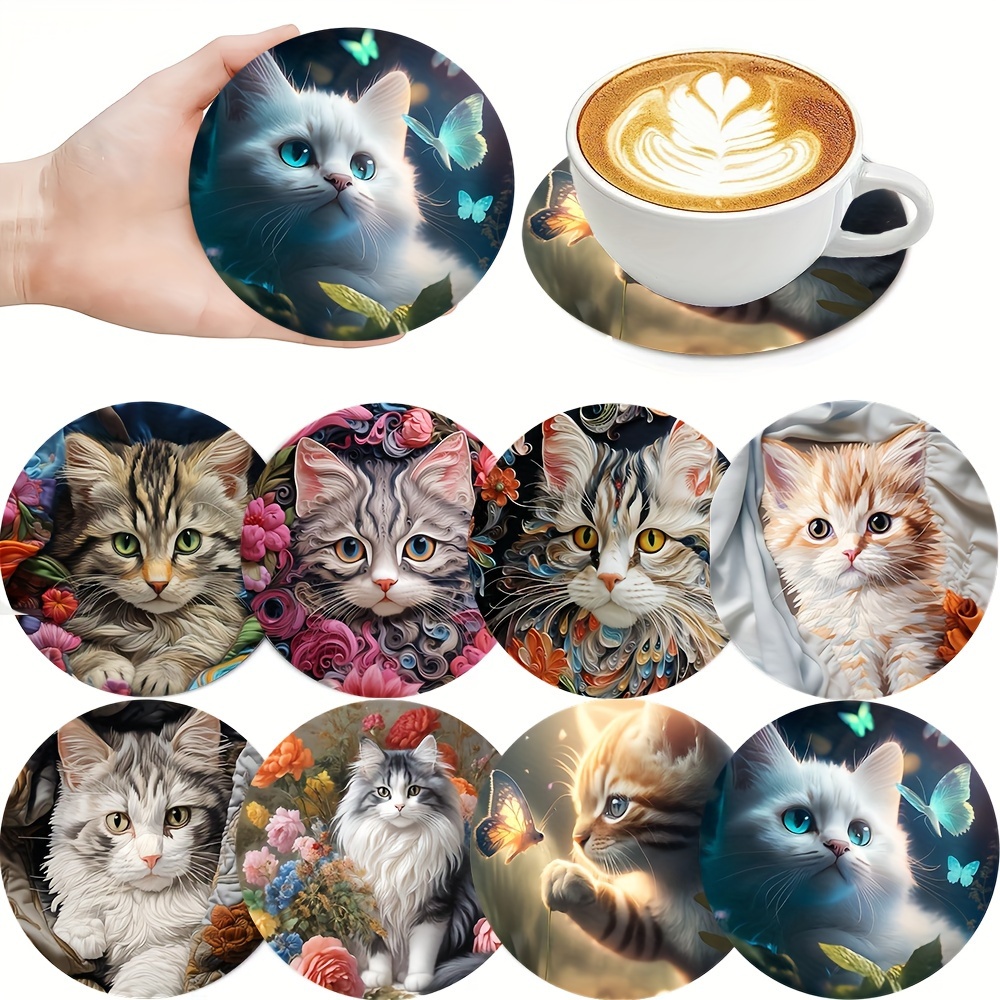 

8pcs Cat-themed Wooden Coasters - Heat-resistant & Non-slip Drink Mats With Unique Cat Illustrations For Home, Office, & Party Decor, Cat Accessories