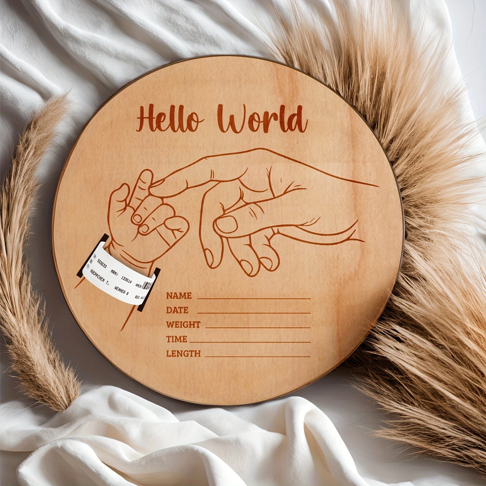 Wooden Birth Bracelet Keepsake, Round Engraved Commemorative Plaque