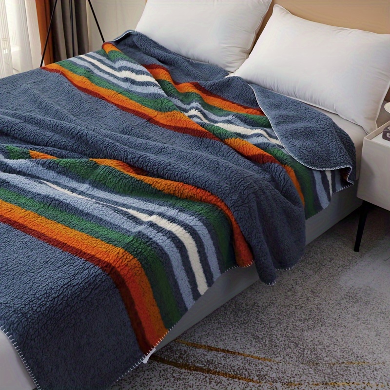 

Bohemian Stripe Knitted Bed Blanket - Polyester Soft Warm Throw, Machine Washable, Multipurpose - 1pc Vintage American Double-sided Velvet Heavyweight