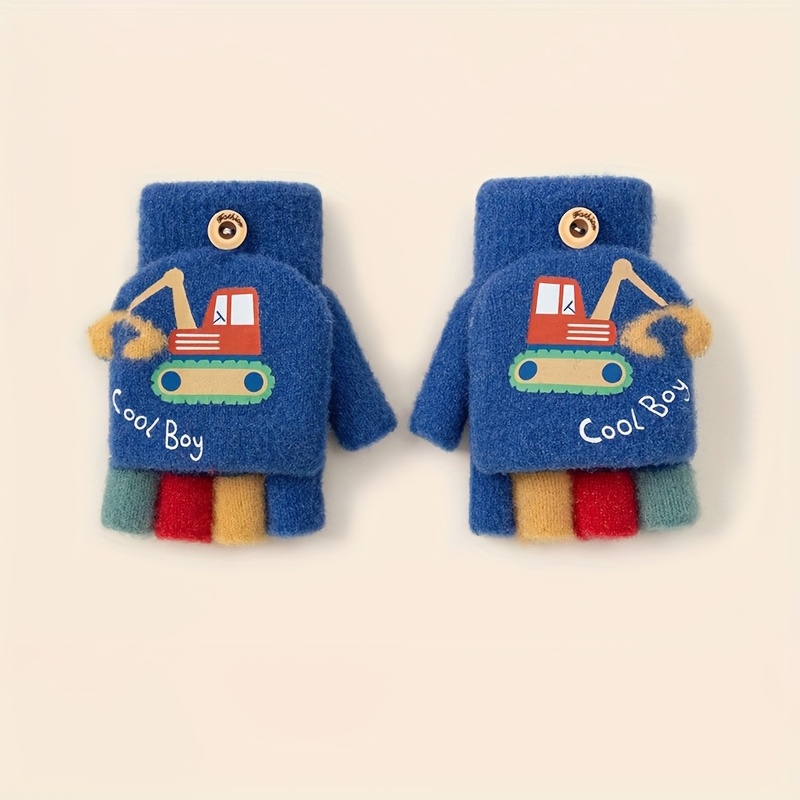 's Winter Excavator Cartoon Cute Kindergarten Half Finger Flip Knitted Warm Gloves