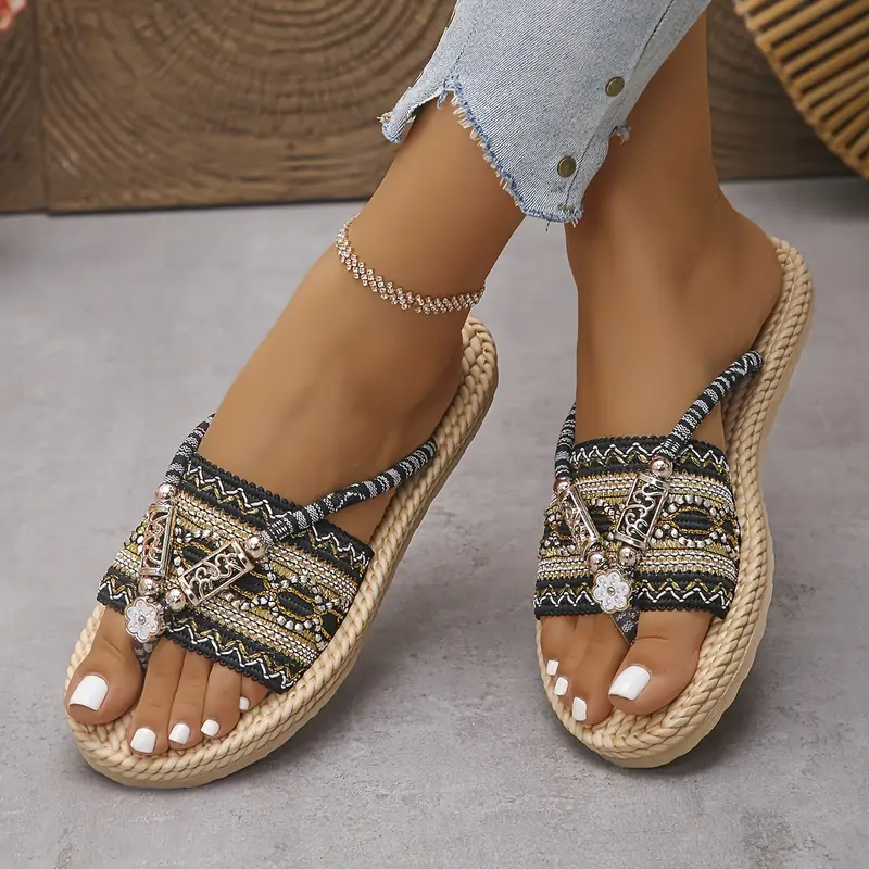 womens elegant and fashionable ethnic style flat sandals with colorful patterns slip on open toe fabric upper and inner eva sole eva insole Product details 5