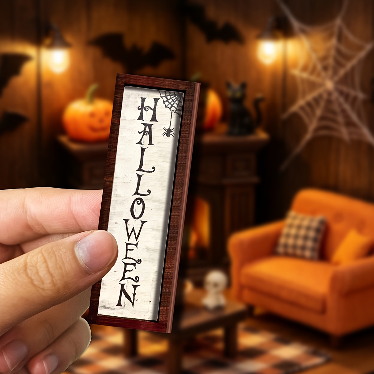 TEMU 1pc Halloween Dollhouse Miniature Accessory "halloween" Spiderweb Pattern, Fun Geometric Shape Wooden Ornament, Miniature Scene Ornament Model,