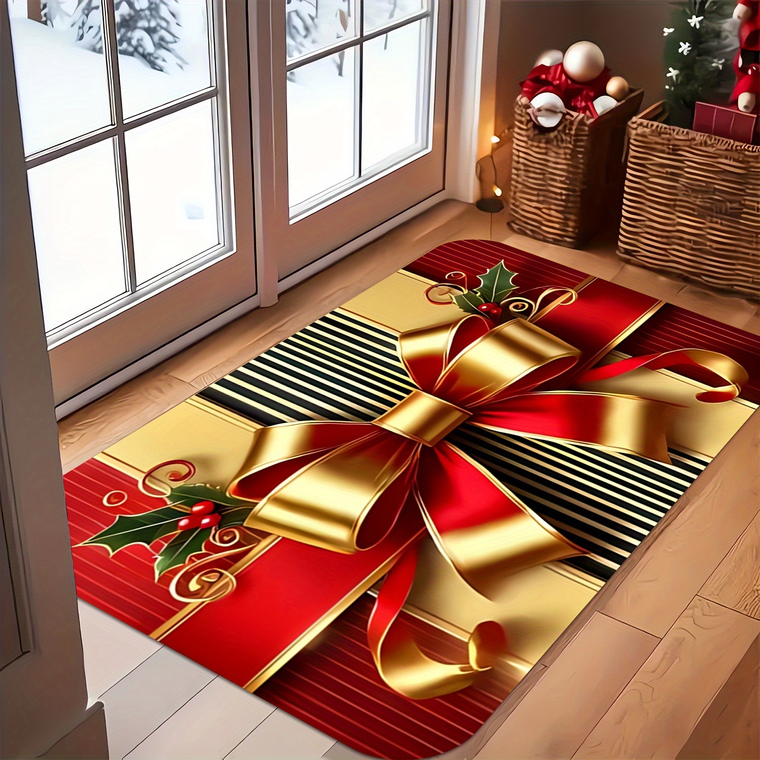 

Gift Box - Non-slip, Easy Clean, Stain Resistant, Machine Washable Flannel Door Rug For Christmas Decor - Bathroom, Living Room, Bedroom, Kitchen, Office, Best For Christmas