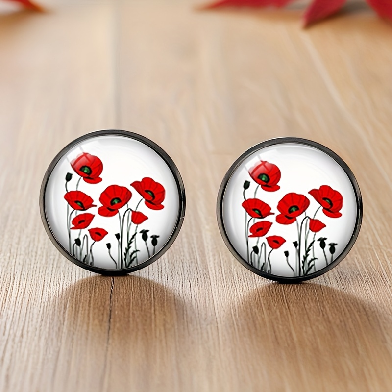 1 Pair Poppies Flower Black Stud Earring Round Glass Cabochon Earrings Handmade Jewelry