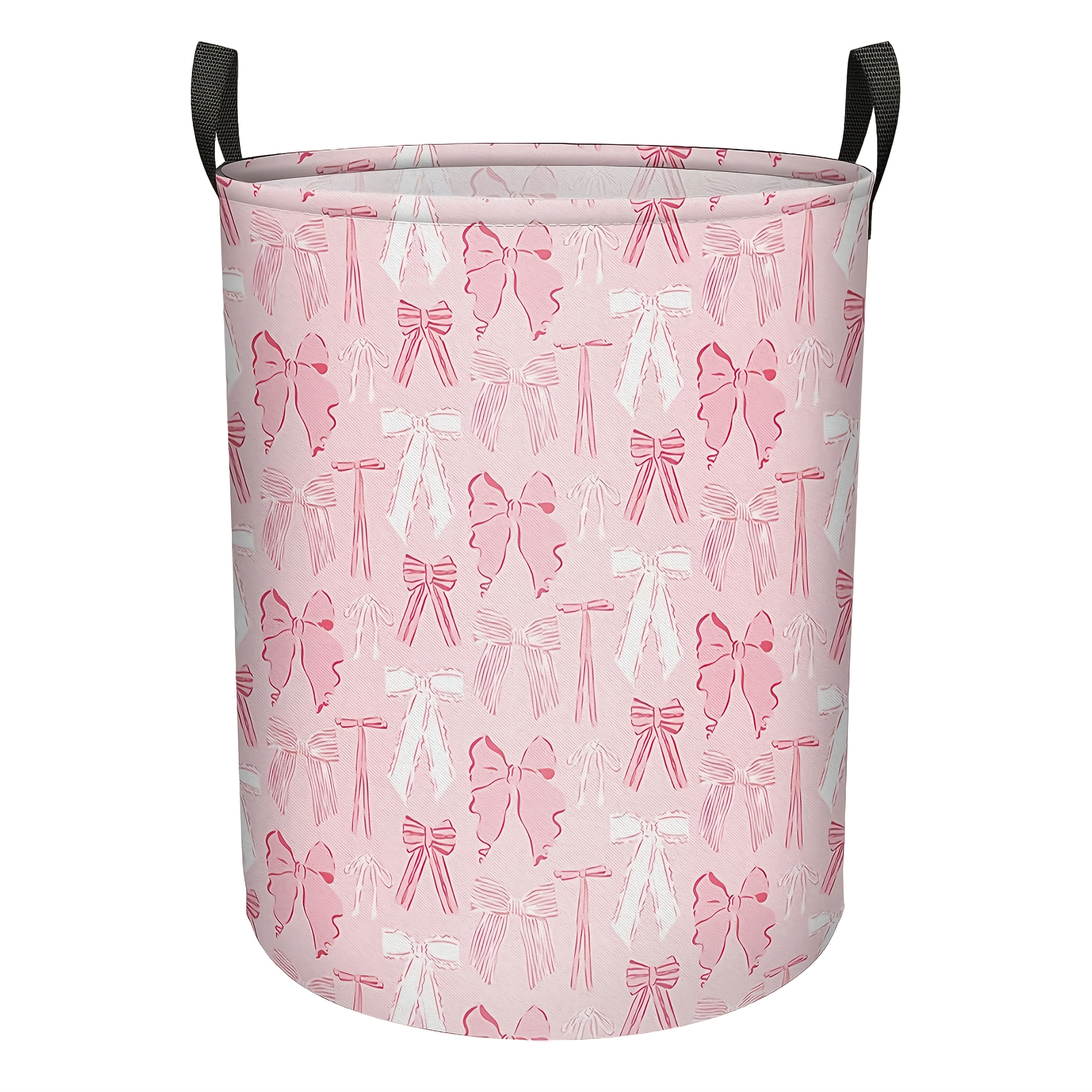 TEMU 1pc, Dokriy, Pink Bow Laundry Basket Large Canvas Collapsible Organizer Storage Basket For Nursery, Office,organizer, Home Decor, Shelf Baskets