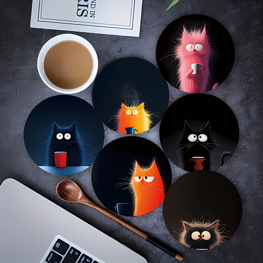 6pcs Whimsical Black Cat Round Wooden Coasters - Non-slip, Heat-resistant, Perfect For - Ideal For Decor, Festive Holiday Gift, Festive Holiday Gift| |wooden Material