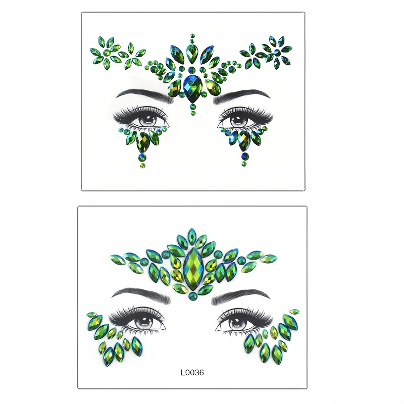 TEMU 2pcs Face Gem Tattoo Tear Jewelry Green Rhinestone Face Decoration Patch Women' Ivy Body Sparkly Self-adhesive Suitable For Halloween Music