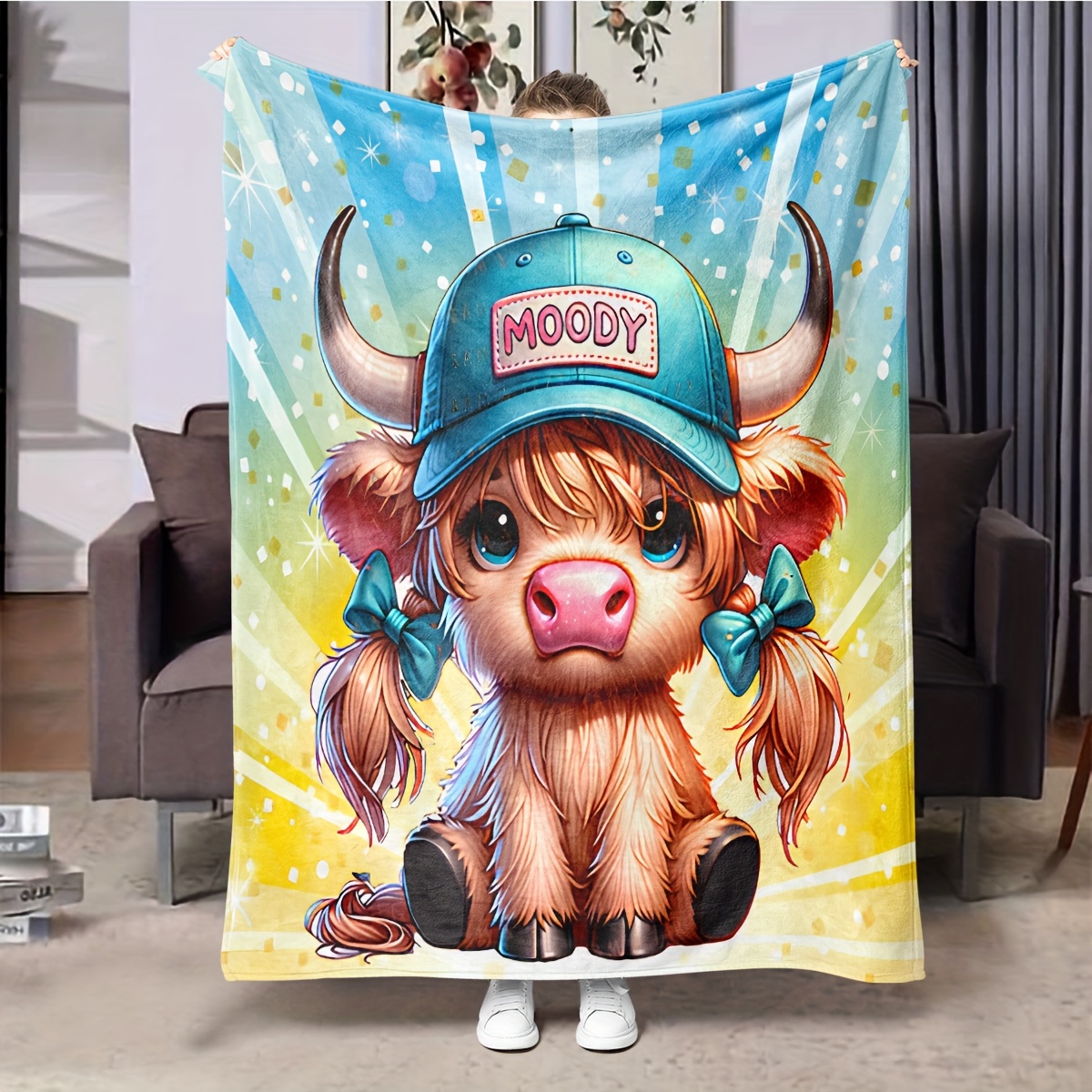 

Highland Cow Flannel Throw Blanket - Soft And Comfortable With Animal Pattern, Ideal For Sofa, Bed, Camping & Travel - Polyester, Gift For Boys