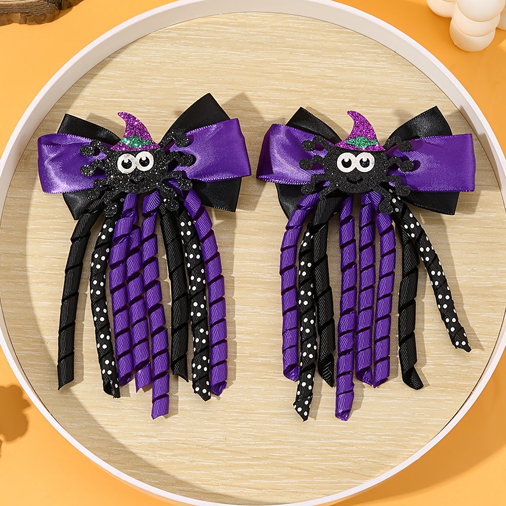 TEMU Lot de 2 pinces à cheveux nœuds papillon d'Halloween avec pompons fantaisie de sorcière et d'araignée, pinces antidérapantes, accessoires de