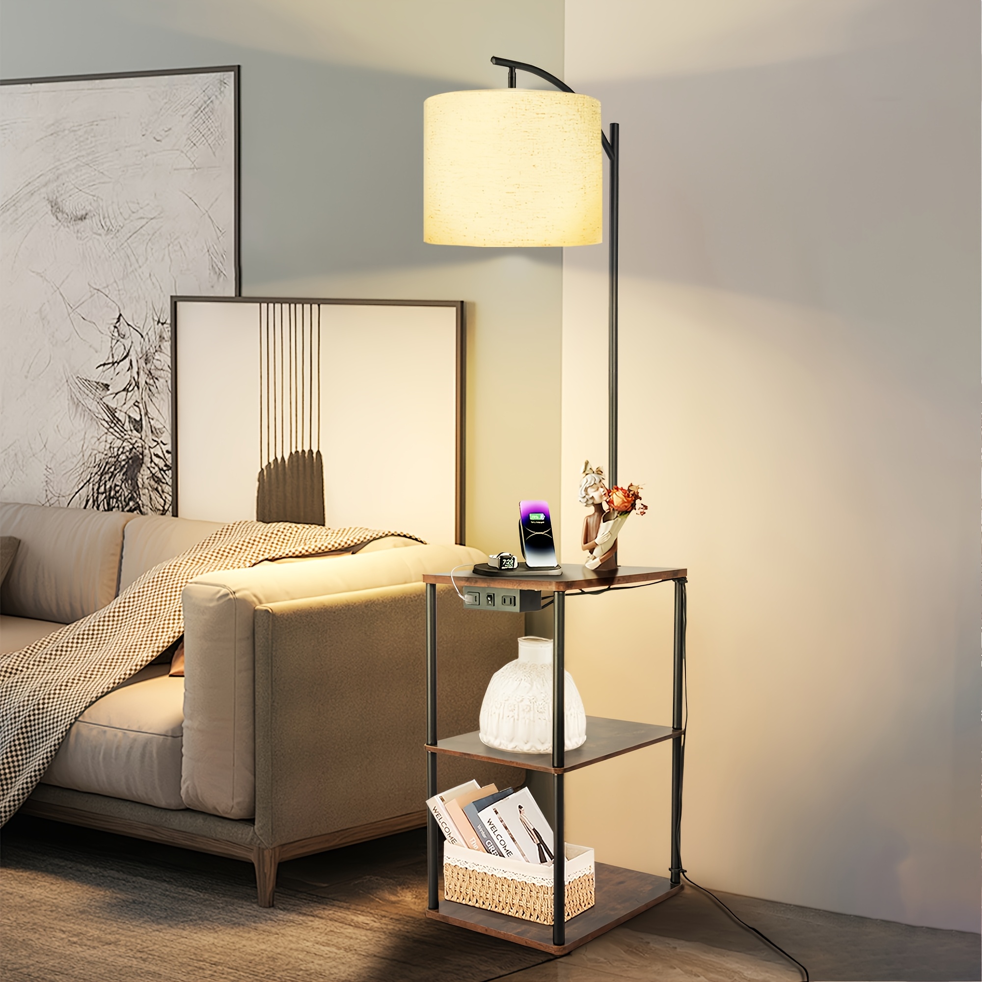 TEMU A 59.05-inch Storage Desk Lamp Featuring Usb, Type-c, And Ac Power Outlets, Designed As A Modern Side Table Suitable For Bedrooms, Living Rooms,