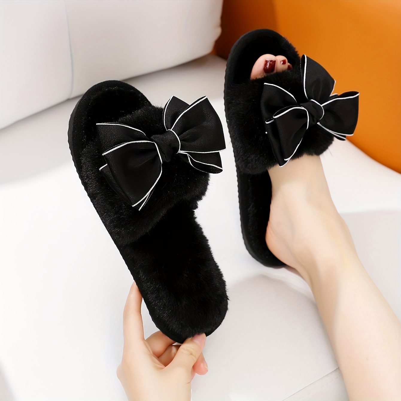 

Bowknot Decor Fluffy Home Warm Slippers, Slip On Lightweight Soft Sole Plush Shoes, Non-slip Indoor Cozy Shoes