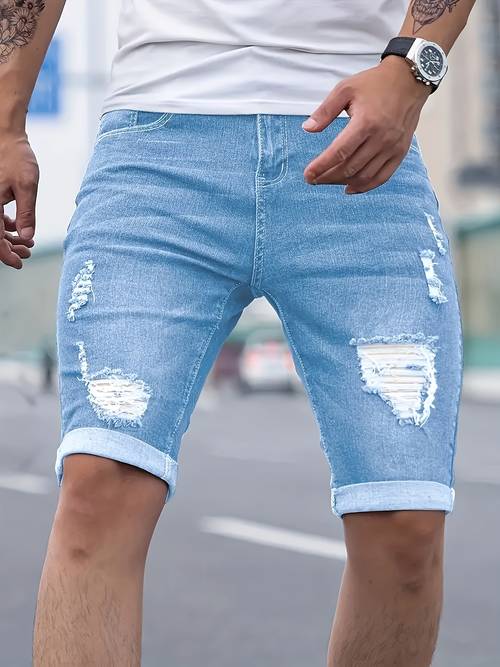 shorts en jean stretch pour homme, style délavé et à tendance