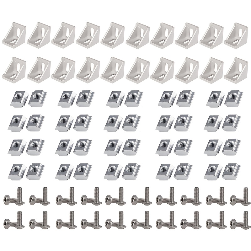 Image of Set Of 100pcs, 2020 Series Connector Kit, Made Of, Includes 20 Corner Brackets + 40 M5x10mm Hex Screws + 40 M5 Series, Complete Set