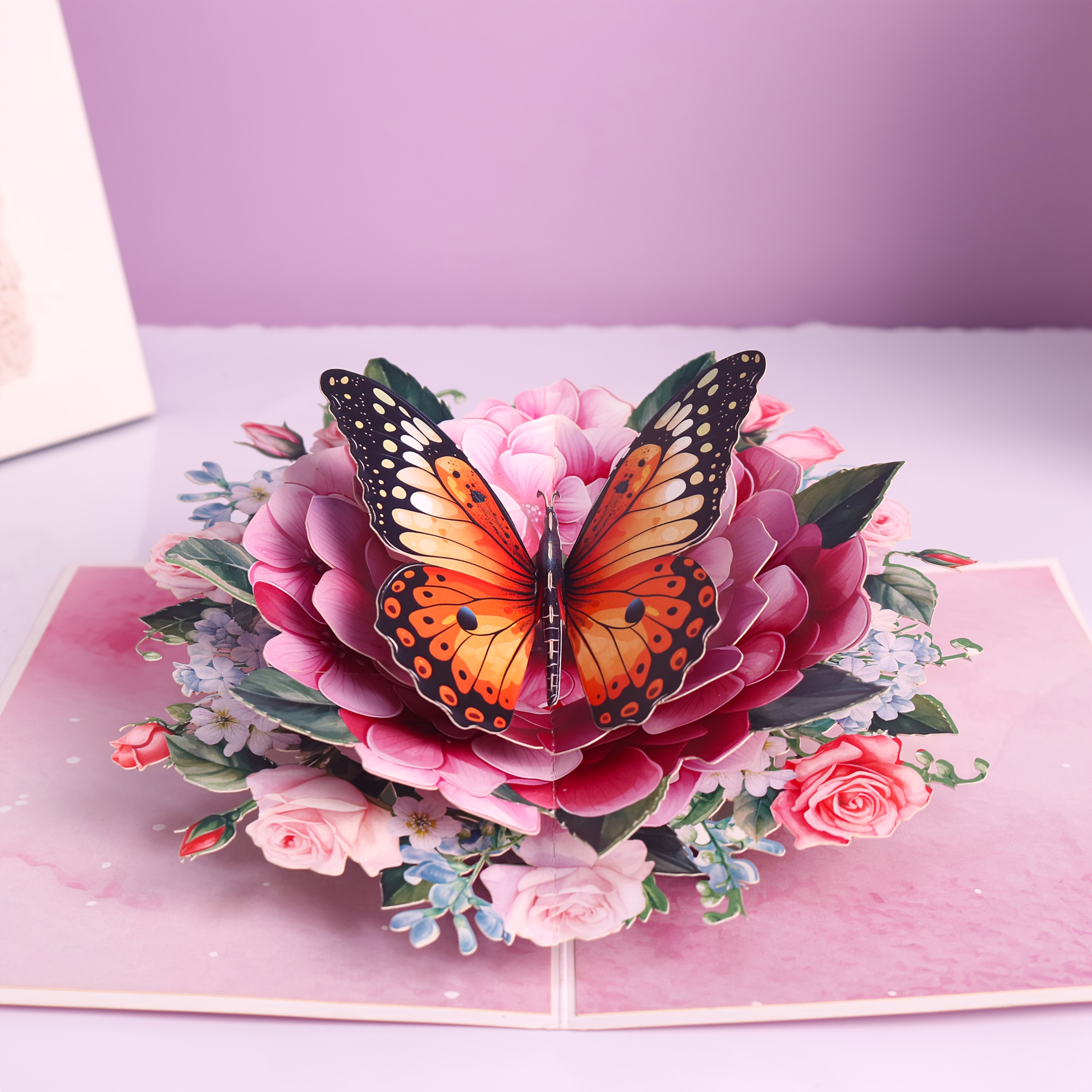 E-shop 1 Stück Elegantes 3D Pop-Up Hydrangea & Schmetterlings-Blumenkarte mit rosa und orange Farbtönen - Handgemachte Grußkarte aus für Muttertag,
