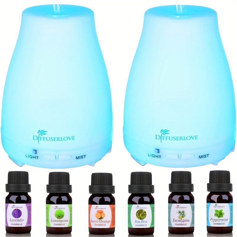 

2 X 200ml Essential Oil Diffusers With 6 Bottles Of Natural Essential Oils, Auto Shut-off Aroma Humidifier, Led Lights