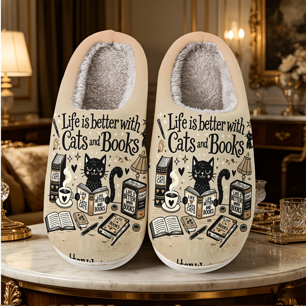 TEMU Retro Book Coffee Reading Cute Black Cat Text Print Round Toe Home Slippers -friendly Warm Comfortable Unisex Bookworm Study Leisure Slippers,