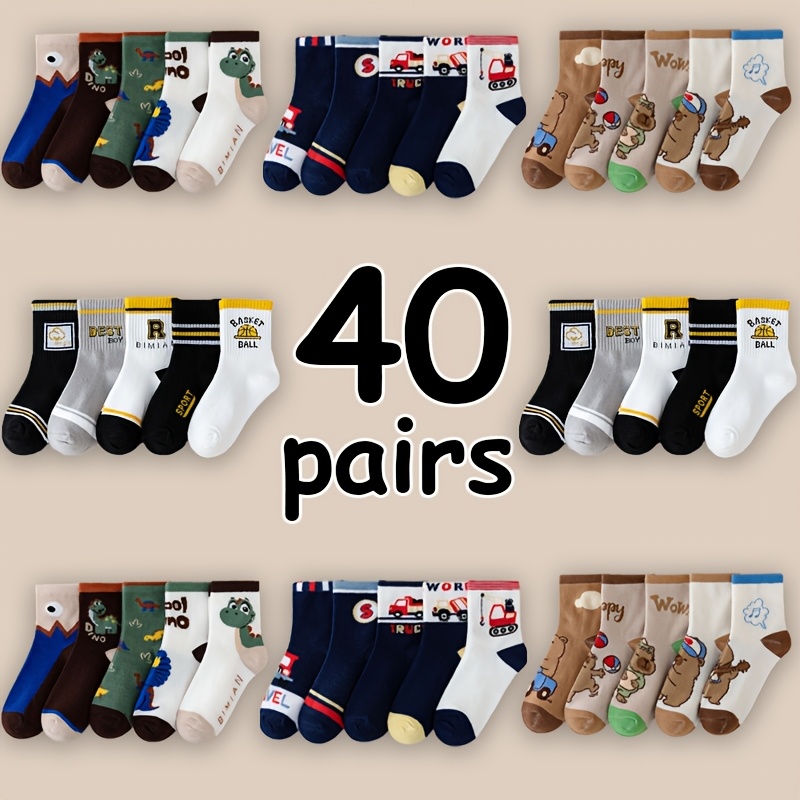 40 Pairs Boys Children Cartoon Socks With Dinosaur, Capybara, And Small Cars, Casual Mid-calf Socks Suitable For 0-12 Year Olds, Fashionable Fun Patterns, Hand Wash , Versatile Wear, Gift For Kids