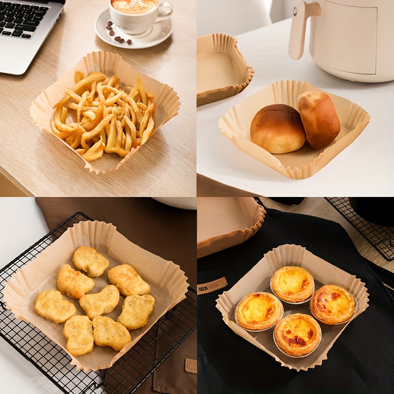 a pack of 100 square parchment paper liners suitable for 9 inch air fryers designed for 5 to 8 liter air fryers featuring non stick and waterproof   Product details 4