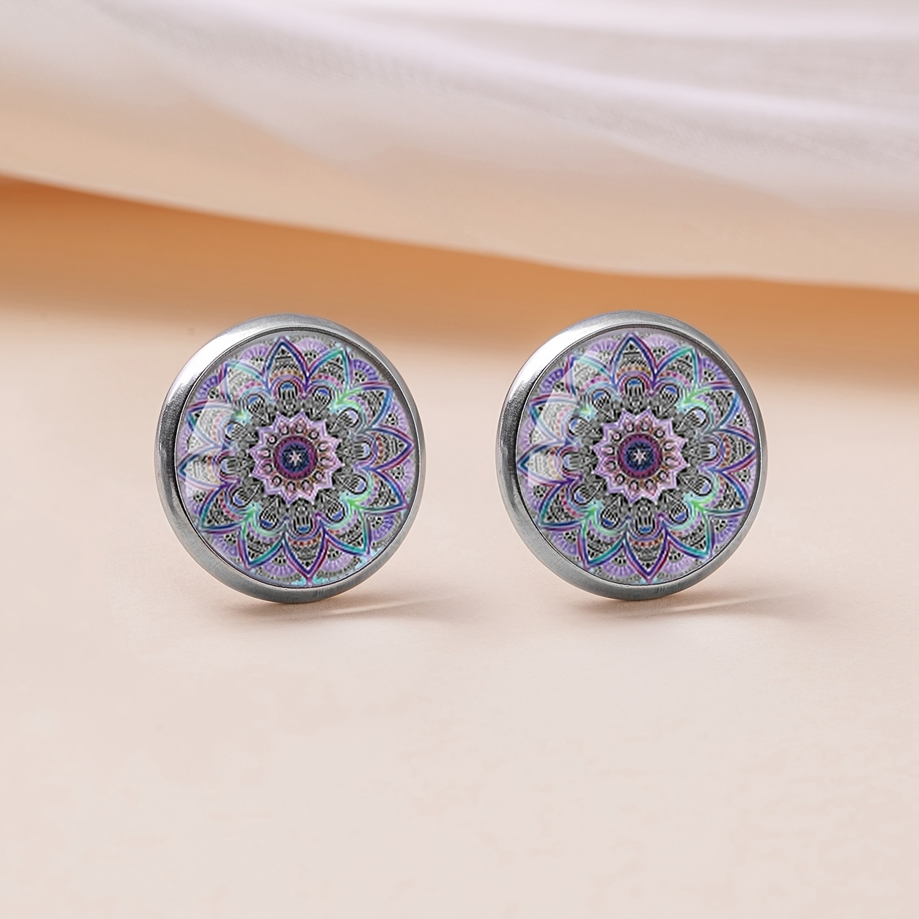 Purple Blue Mandala Pattern Stud Earrings, Women's Gift