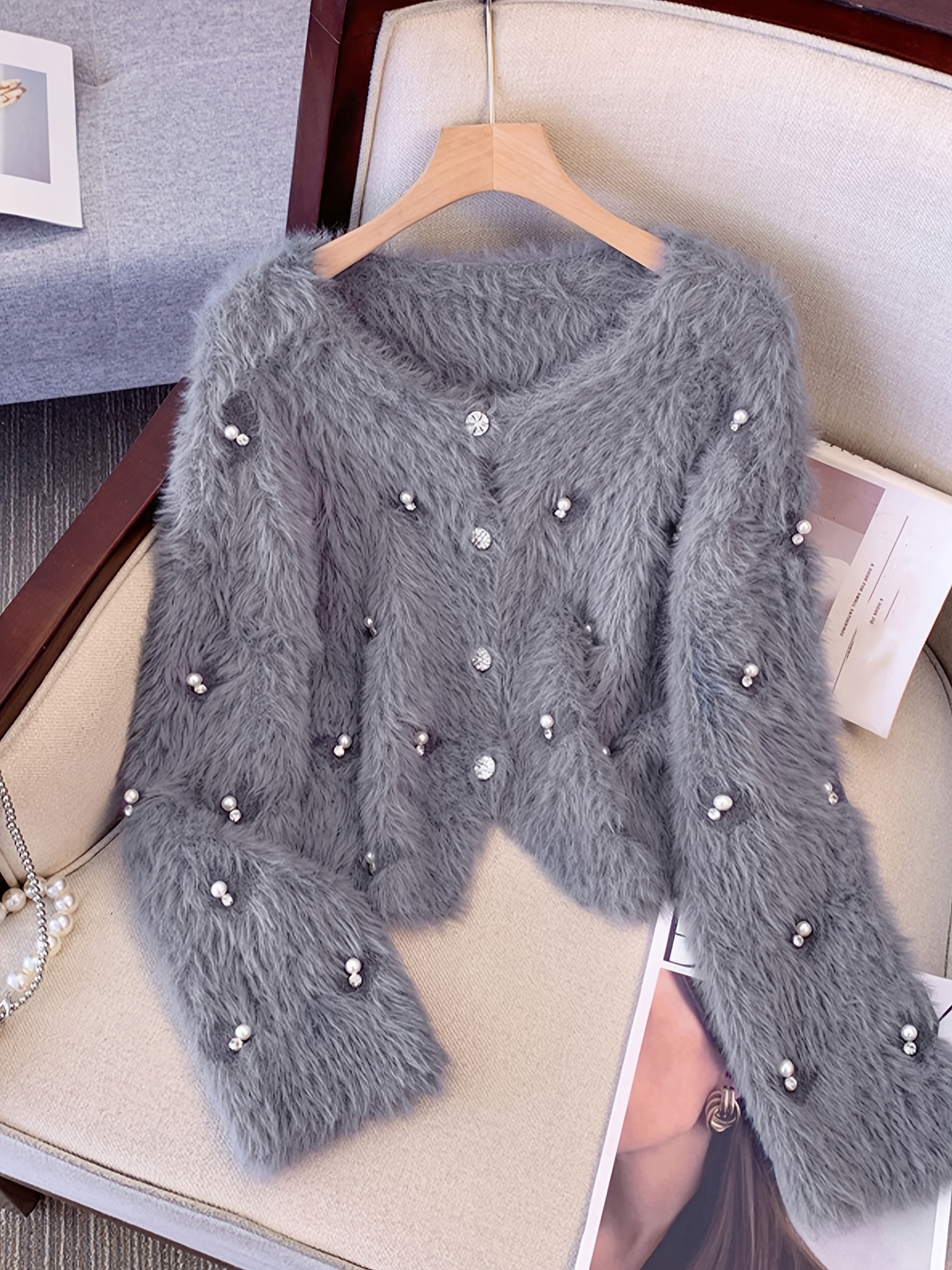 Langarm Strickjacke Strickjacke Fellkragen Damens Eleganter Winter