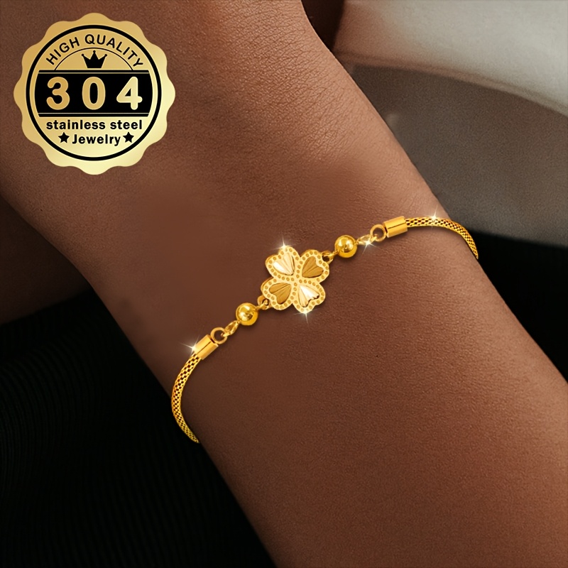 E-shop Ein Damen-Armband aus Edelstahl mit klassischem Vierblatt-Klee-Design, kombiniert mit einer Kette. Es ist luxuriös und anspruchsvoll, zum