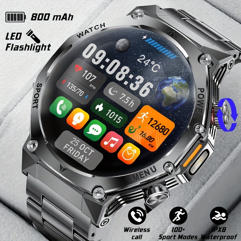 smart watch for men answer make call 1 80 inch smartwatch with 800mah batteries outdoor flashlight 100 sports activity ipx8 high quality for iphone and 2 straps Product details 1