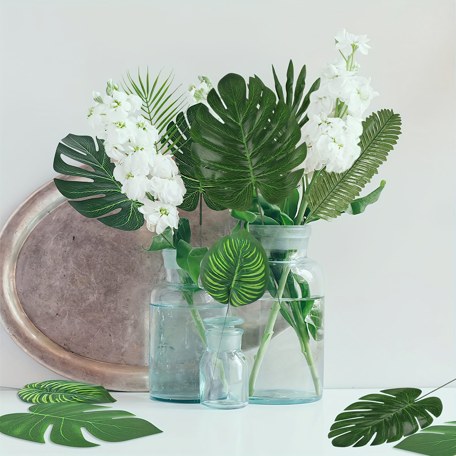 

14pcs Leaf Set - 4 Unique Artificial Monstera & Leaves With Stems For Hawaiian Luau, Table Decorations, Artificial Palm Leaves, Tropical Plant, Hawaiian Luau, Decor