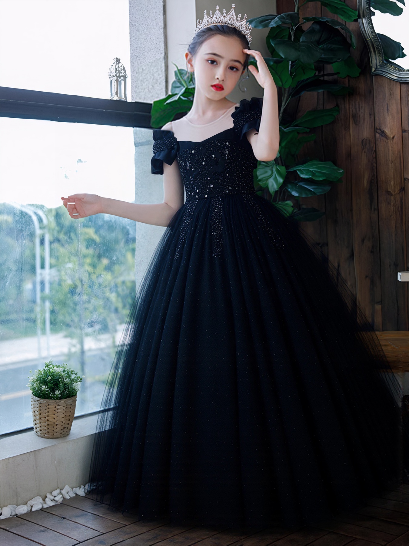 black wedding guest dress formal Black Velvet Wrap V Neckline Dress With Organza Sleeves