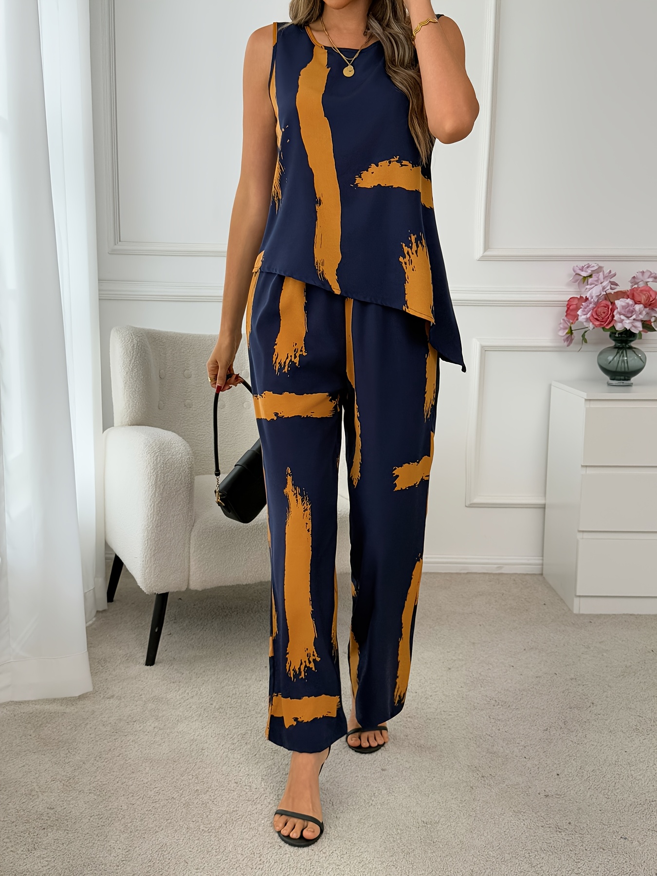 Elegant Asymmetrical Midi Dress and Pants Set - Sleeveless elegant asymmetrical midi dress pants set sleeveless crew - Temu Republic  of Korea