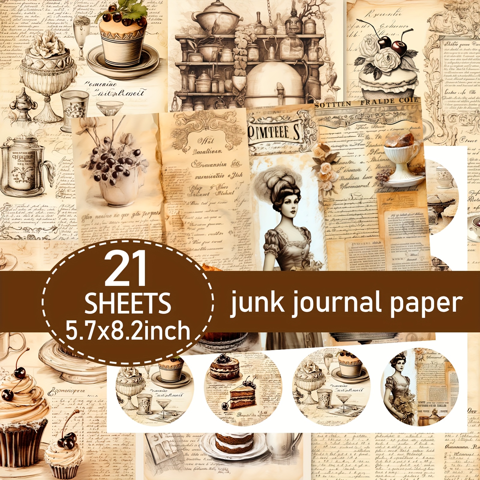 TEMU 21 Sheets (paper And Sticker) A5 Vintage-inspired Vintage Poetry Tableware Scrapbooking Paper Set, Vintage Junk Journal Paper, Handcrafted Junk