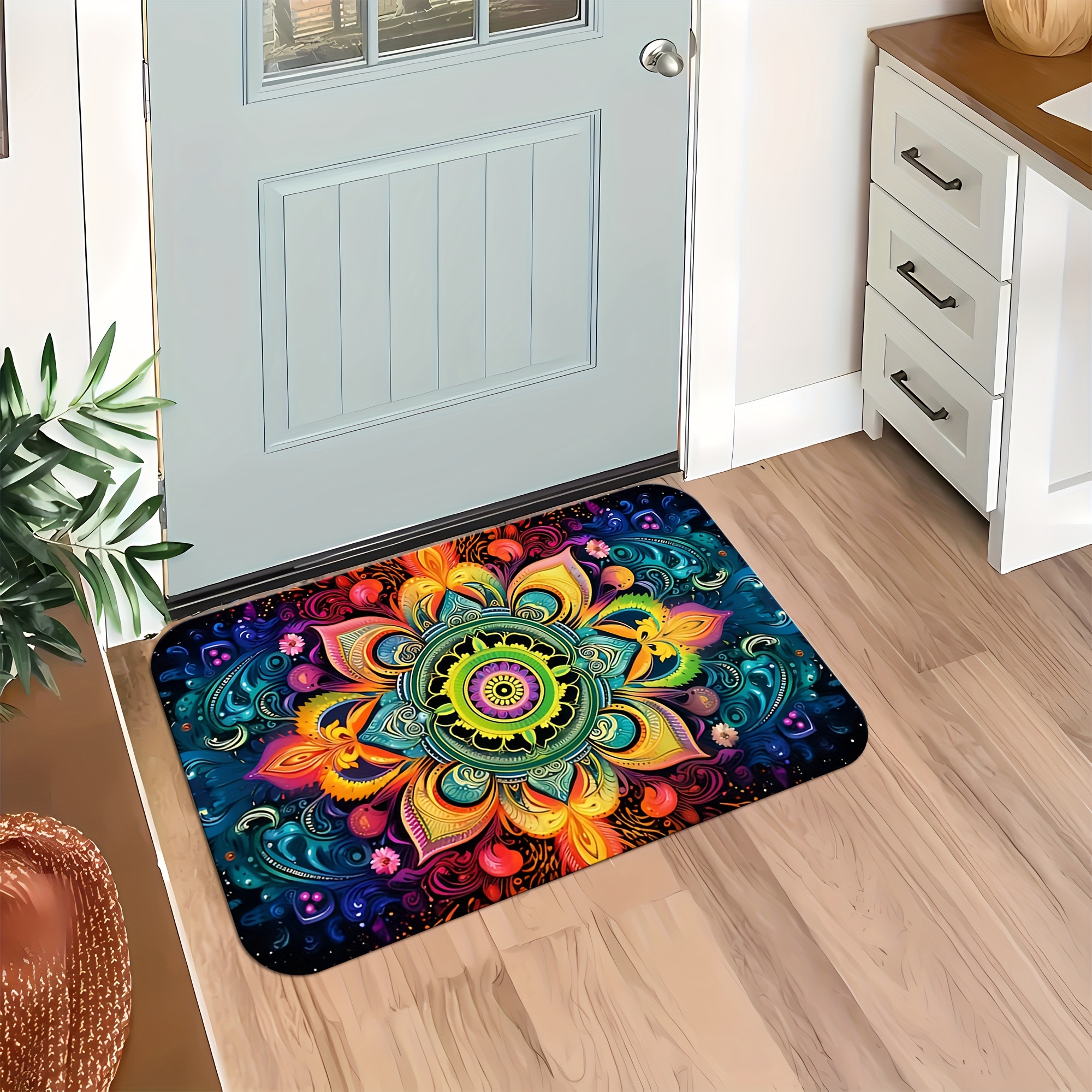 

1pc Welcome Doormat With Colorful Mandala Design - Anti-slip, Easy Clean, Stain-resistant, Machine Washable Polyester Fiber Mat For Living Room, Bedroom, Kitchen, Office, And Vacation Home Decor