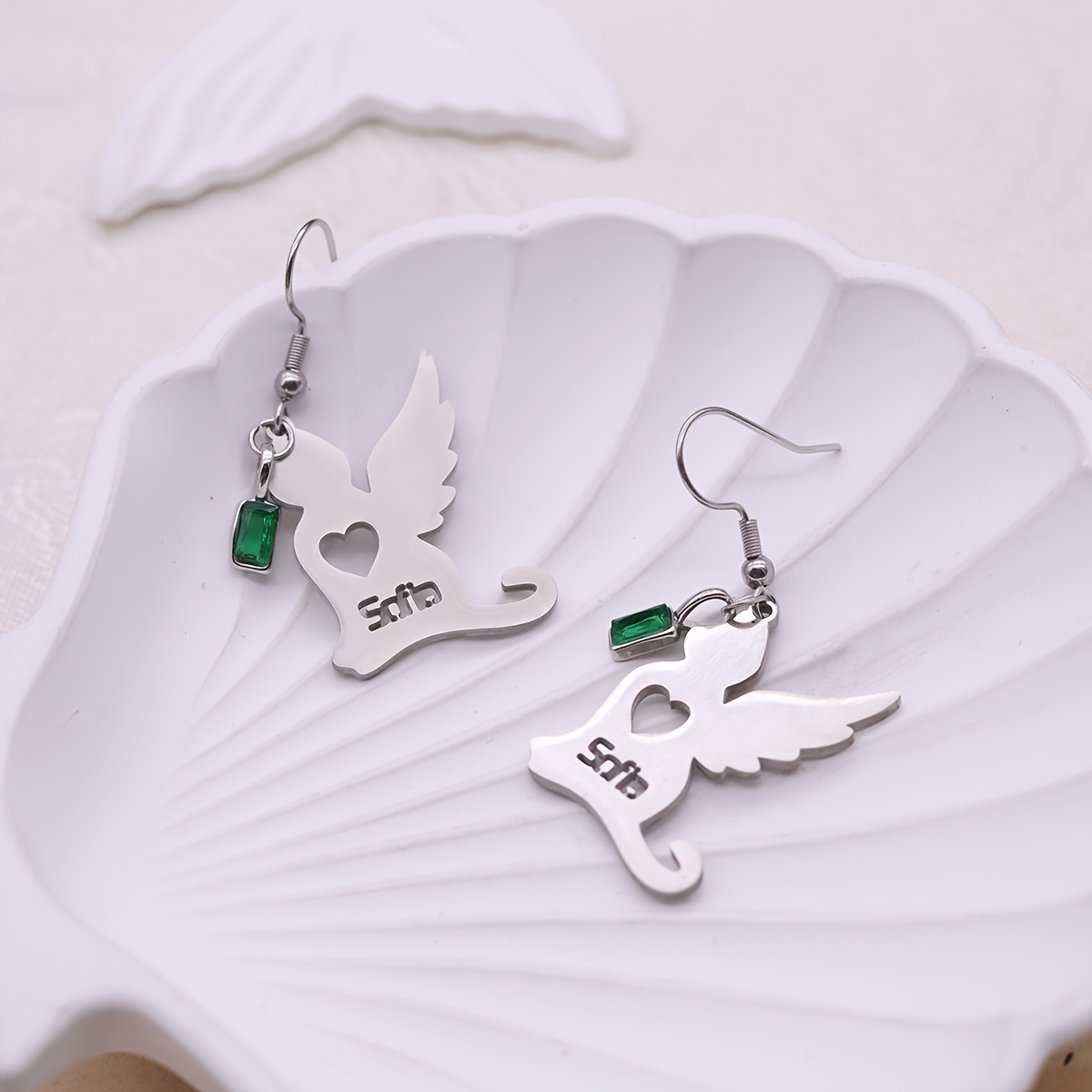 Customized Name Angel Wing Dangle Earrings with Green Zirconia