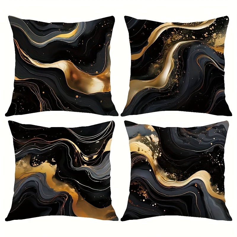 

4pcs Short Plush Gold Stamping Black Throw Pillow Cases (18x18 Inches) Cushion Cover Couch Sofa Pillow Covers For Living Room Car Bedroom & Office (cushion Is Not Included)