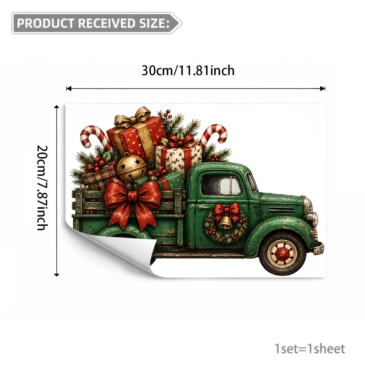 TEMU 1pc 30x20cm Double-sided No-glue Pvc Static Cling Window Sticker, Vintage Green Small Truck Gift Box Candy Cane Wreath Bow Horizontal Pattern