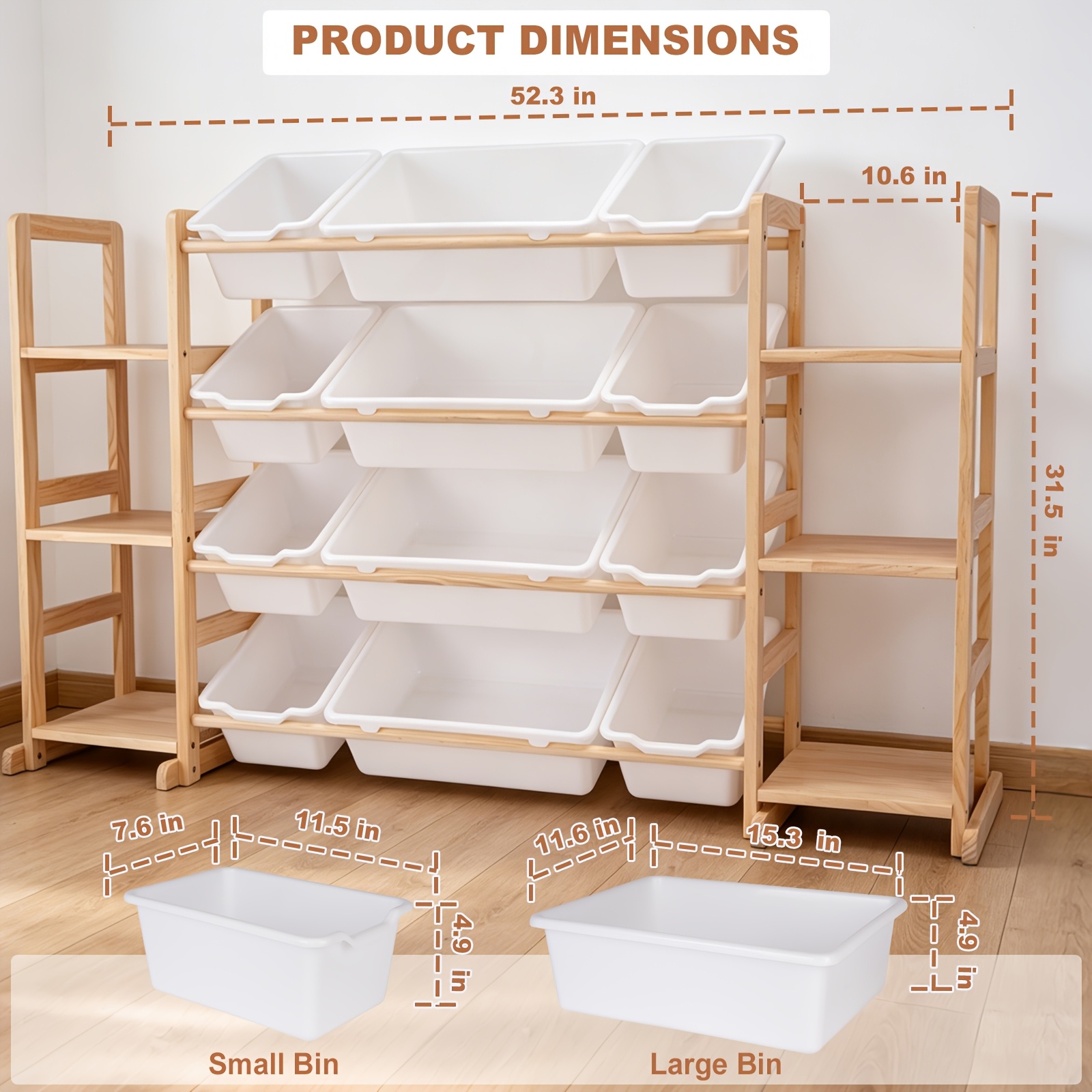 Storage Organizer with 6 Shelves And 12 Bins, 52.3 Inch Wide Kids Bookshelf And Organizer, Wooden Bookcase with Storage Bins for Playroom, Bedroom, Nursery And Room Decor