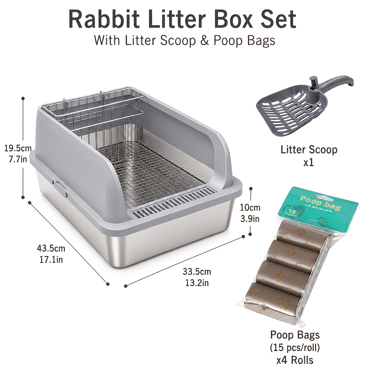 TEMU Rabbit Litter Box With & 4 Rolls Poop Bags, Raised-side Rabbit Toilet Tray With Wire Grate, Easy- Toilet For Rabbits, 43.5 × 33.5 × 19.5cm
